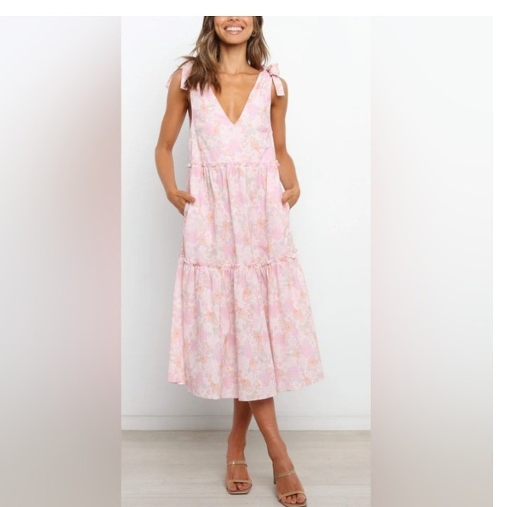Petal + Pup Erenda Pink Floral Tiered Midi Dress Tie Shoulder Cotton Ramie Sz 6